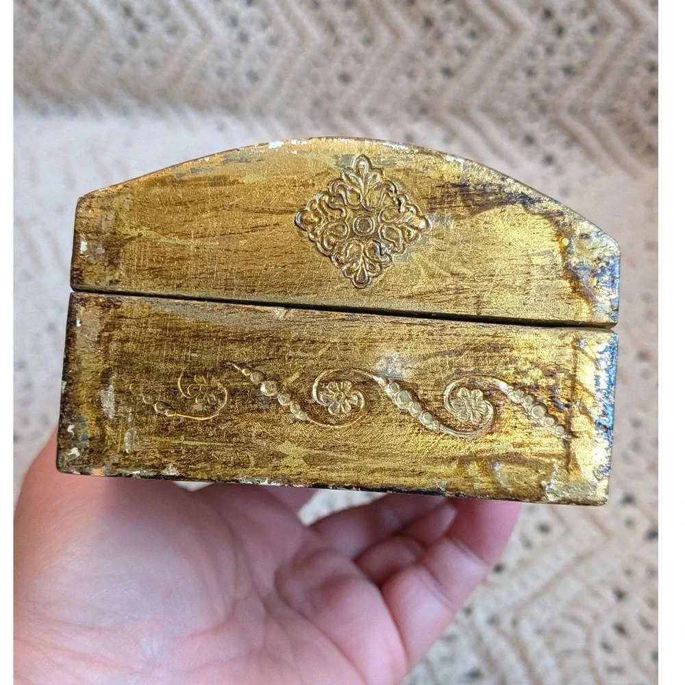 Vintage Florentine Wood Jewelry Box Gold Gilt Domed Trinket Chest Made in Italy